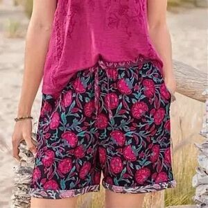 NEW Sundance Catalog Relaxed LEIA TEAL PINK Floral Cotton Drawstring Shorts XXL